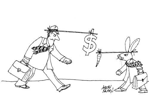 Man motivated by money, rabbit motivated by carrot.