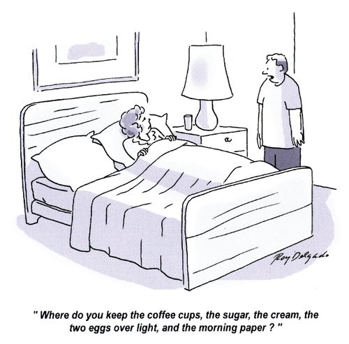 'Where do you keep the coffee cups, the sugar, the cream, the two eggs over light, and the morning paper?'