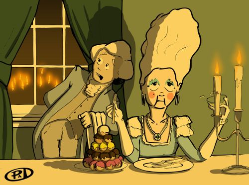 Marie Antoinette listens to a worried waiter as riots erupt outside the window.