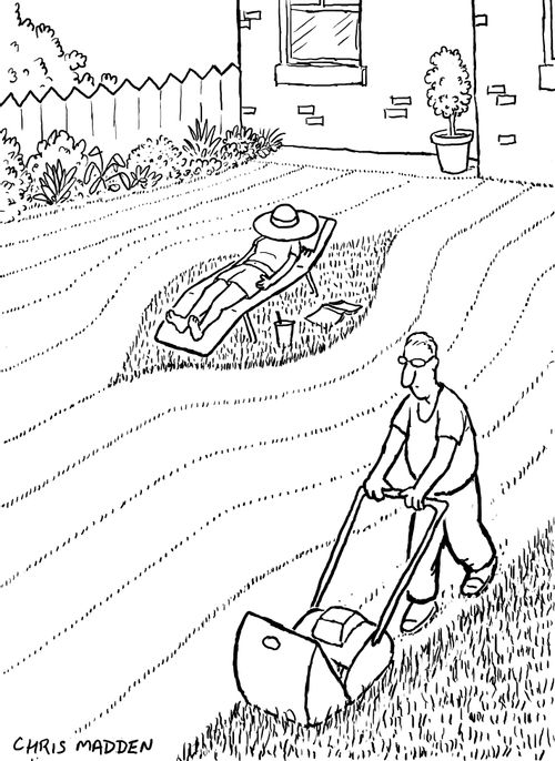 Lawn mower, mowing round sunbather.