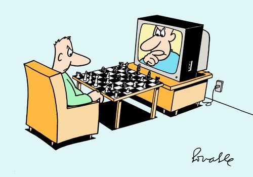 Man plays chess against TV.