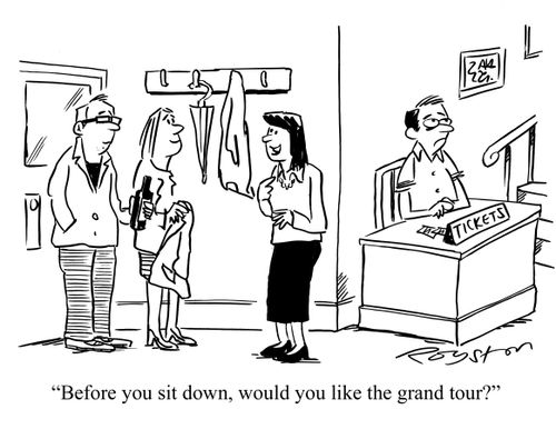 Woman asks guests: Before you sit down, would you like the grand tour?' 