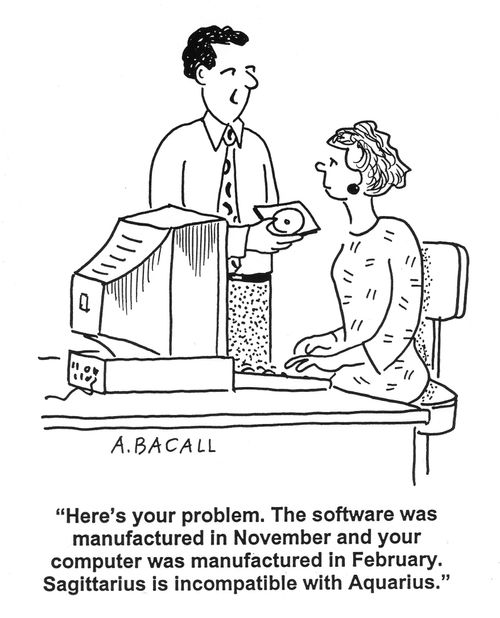 'Here's your problem. The software was manufactured in November and your computer was manufactured in February. Sagittarius is incompatible with Aquarius.'