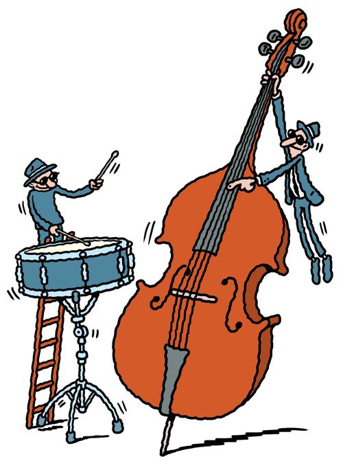 Tiny jazz musicians play large drum and bass.