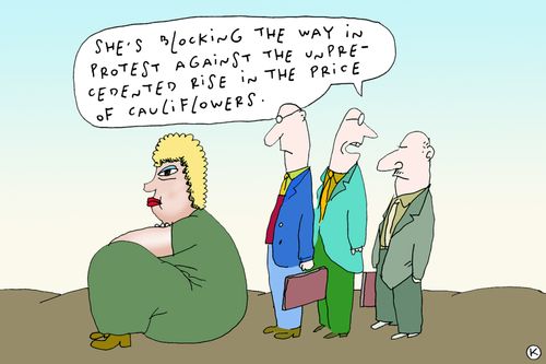 'She's blocking the way in protest against the unprecedented rise in the price of cauliflowers.'