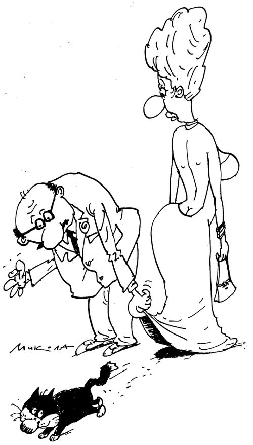Man evicting cat from wife's dress