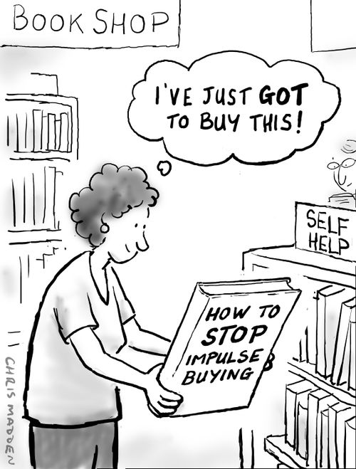 Woman impulsively buying a book about how to stop impulse buying.