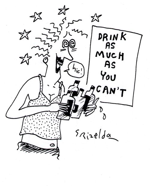 Drunk woman in front of poster - Drink as much as you can't