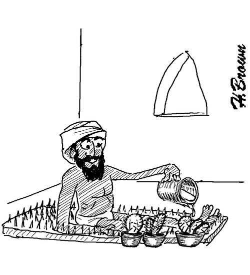 Fakir waters his cactus plants.