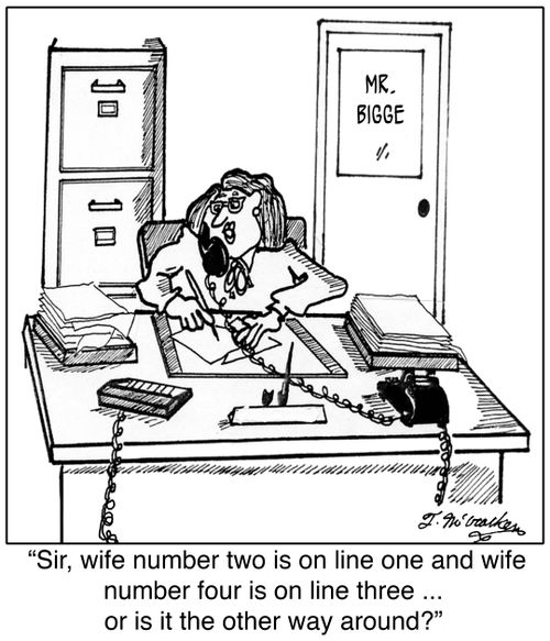  'Sir, wife number two is on line one and wife number four is on line three ... or is it the other way around?'