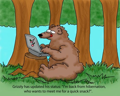Grizzly has updated his status: 'I'm back from hibernation, who wants to meet me for a quick snack?'