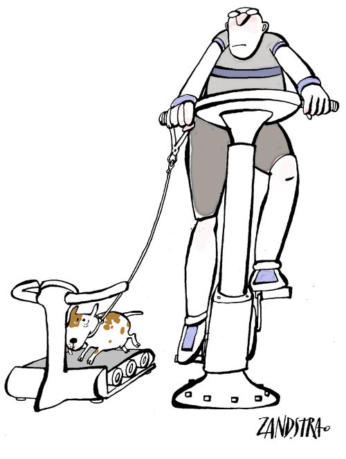 Man on exercise bike with dog on treadmill