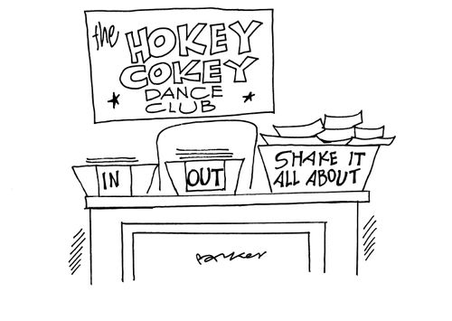 The Hokey Cokey Dance Club with desk boxes - 'In', 'Out', 'Shake it all about'.