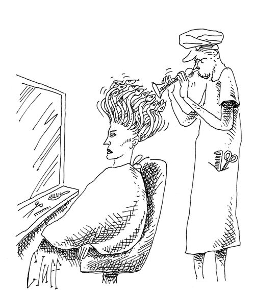 Medusa is at the hairdressers, her hair is being charmed by the stylist.