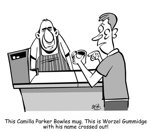 This Camilla Parker Bowles mug. This is Worzel Gummidge with his name crossed out!