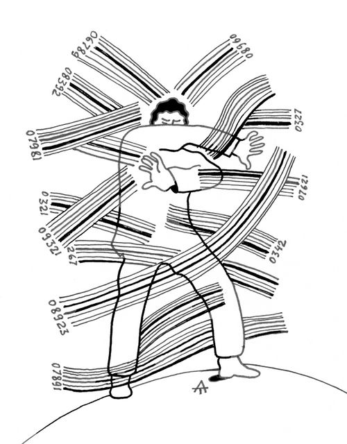 Man is attacked by barcodes.