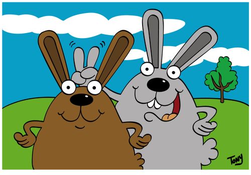 A rabbit giving another rabbit, 'rabbit ears'.
