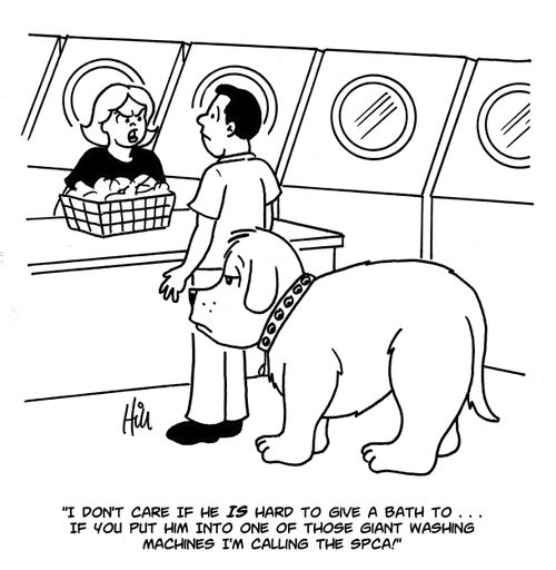 "I don't care if he is hard to give a bath to...if you put him into one those giant washing machines I'm calling the SPCA!"