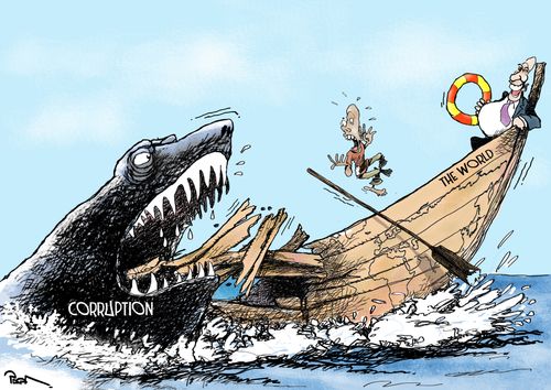 Corruption shark eats world boat
