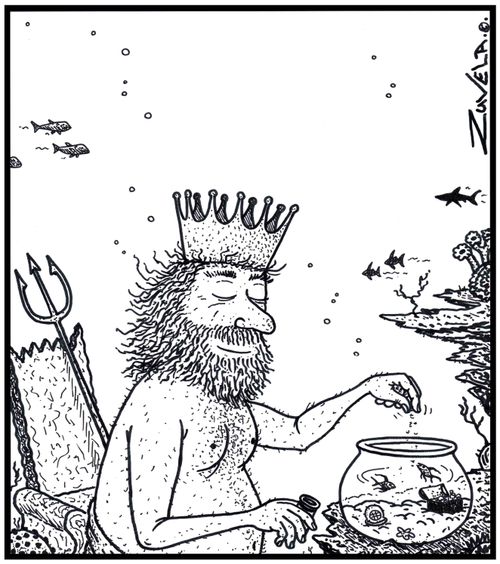 King Neptune feeding his two pet fish in a glass bowl.