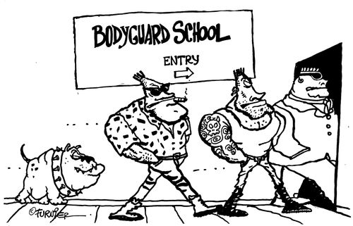 A hard looking dog enters the Bodyguard school
