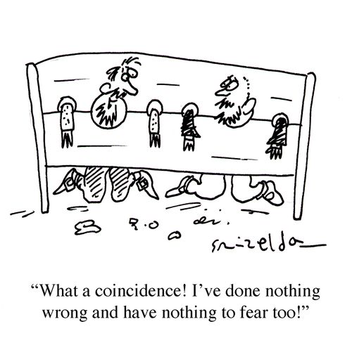 Two men in the stocks - 'What a coincidence! I've done nothing wrong and have nothing to fear too!'