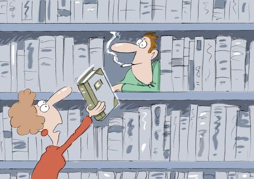 Librarian finds man smoking hidden on bookshelf.