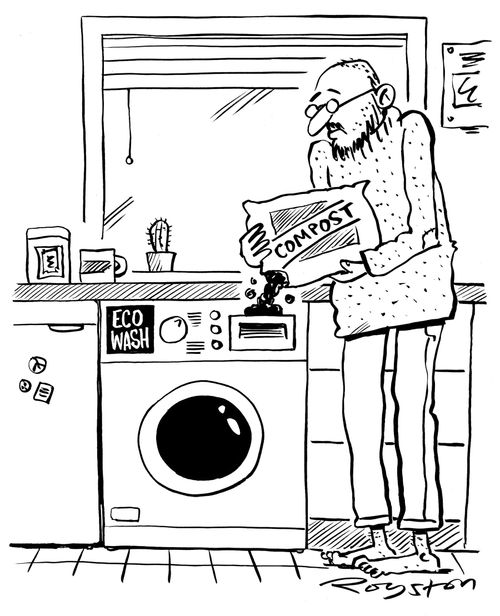 Man puts compost in 'Eco Wash' washing machine.