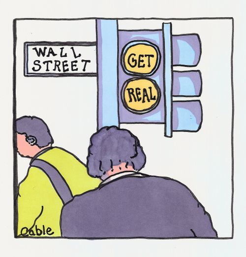 'Wall Street' street sign with cross walk light reading 'Get Real'