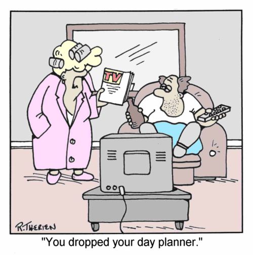 Woman with TV Guide - "You dropped your day planner." (Colour)