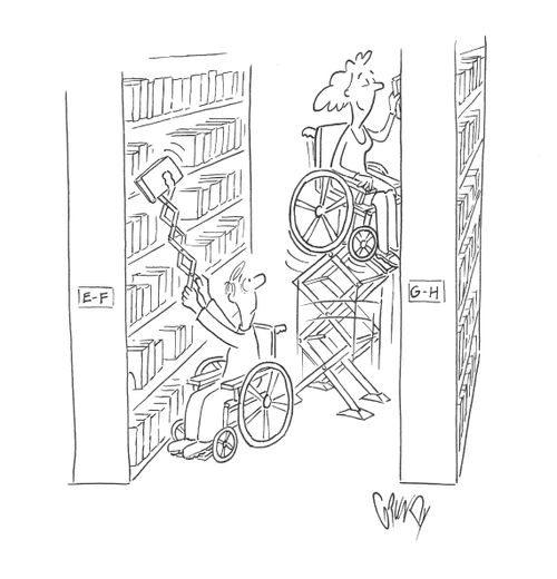 Wheelchair lifts woman to top of library bookshelf.