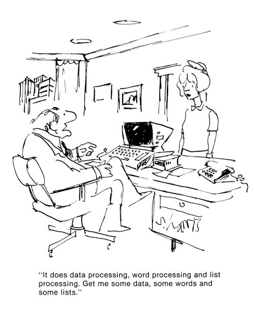 'It does data processing, word processing and list processing.  Get me some data, some words and some lists.'