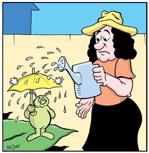 Woman watering garden with watering can. Bug with umbrella up.