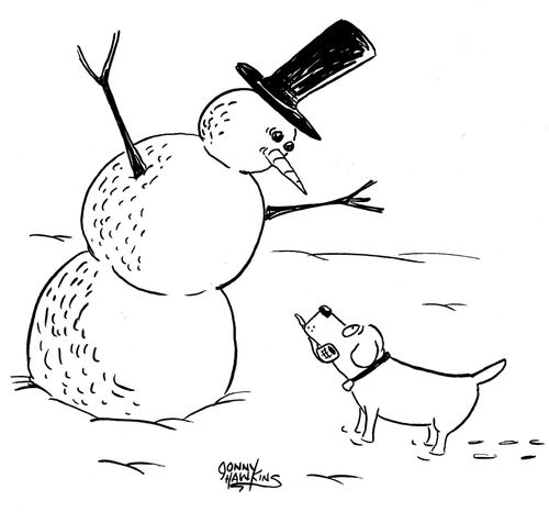 Dog bringing snowman pipe.