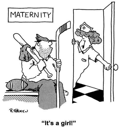 Expectant father with sports goods - "It's a girl."