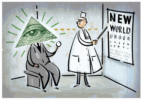 A doctor shows the New World Order as an eye test.