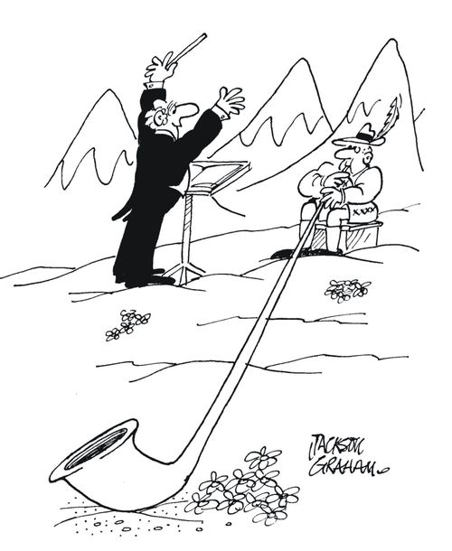 Alpine horn player with a conductor.