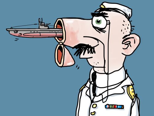 A U-Boat submarine emerging from sailor's nose.