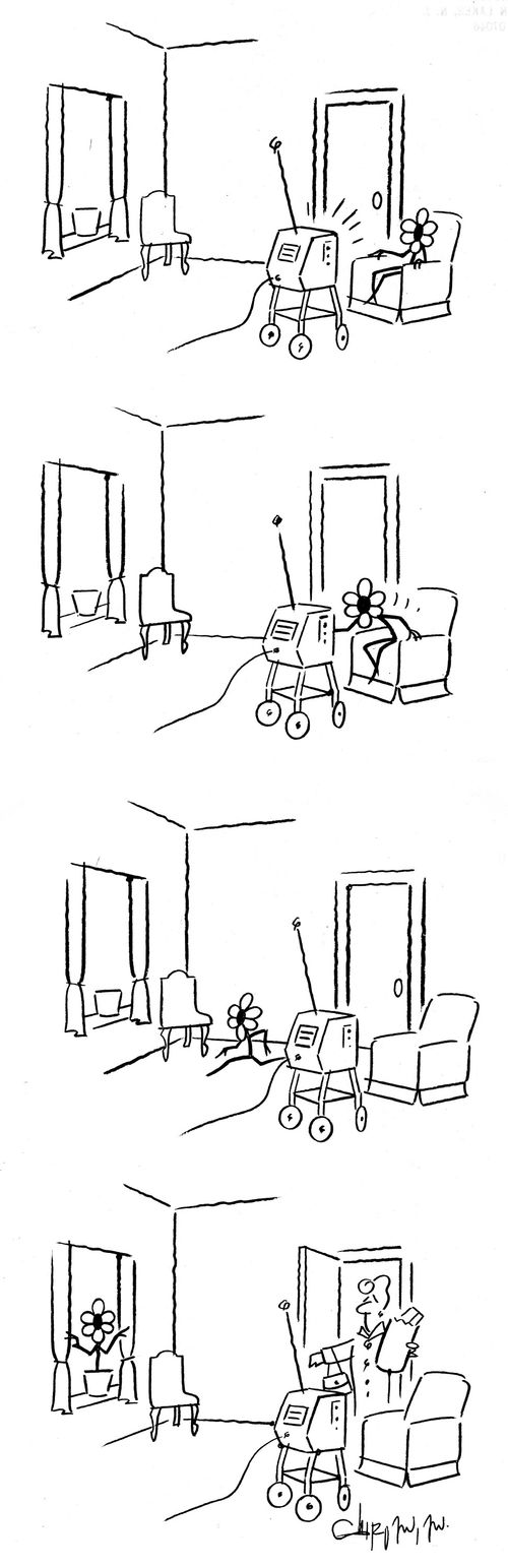 Flower jumps back into its pot when a lady walks into the room.