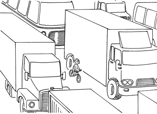 Cyclist Amid Lorries