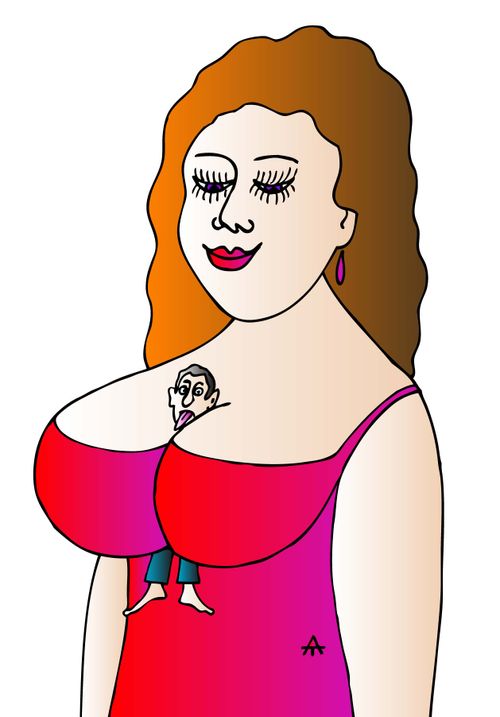 A tiny man stuck in a woman's cleavage.