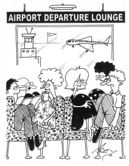 Cramped airport departure lounge.