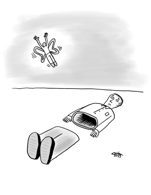 A man with butterfly wings flies off away from his previous shell of a body.
