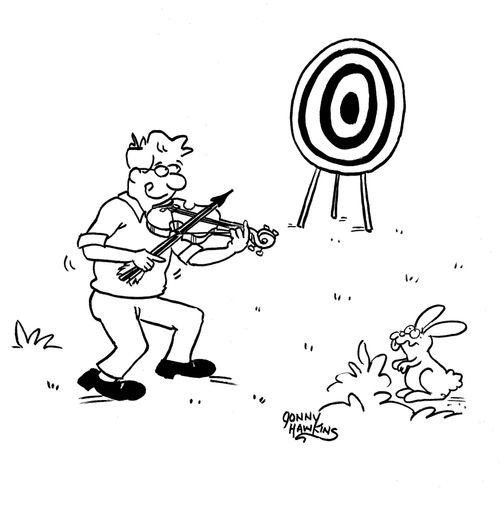 Kid aiming violin bow as arrow at target.