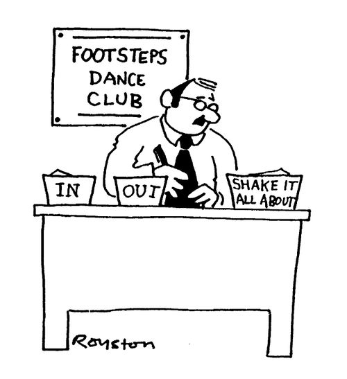 Footsteps Dance Club, on desk are In tray, Out tray, Shake it All About tray