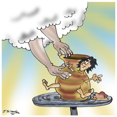 God working clay on a potters wheel creating a vase with a person's arms and legs sticking out.