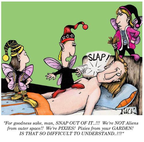 'For goodness sake, man, snap out of it! We're not aliens from outer space! We're pixies! Pixies from your garden! Is that so difficult to understand?!'