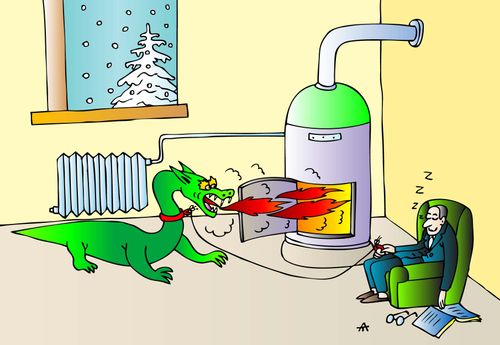 A pet dragon stokes the fire in a man's heater.