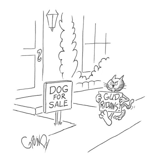 House with 'Dog For Sale' sign. Cat walks by holding 'Good Riddance' sign.