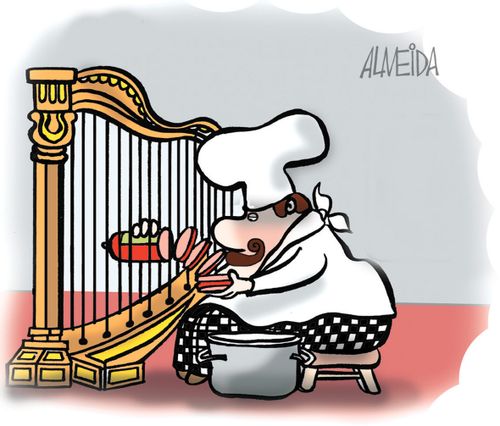 Chef uses Harp to cut Sausages